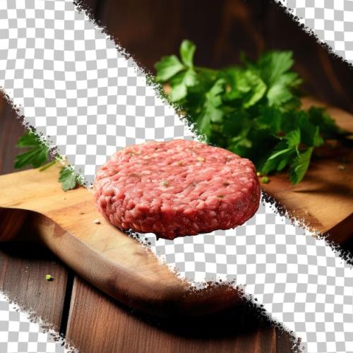 Two Uncooked Beef Patties With Parsley On Wooden Board