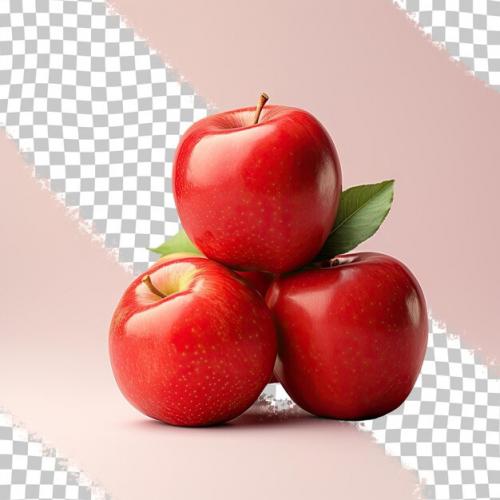 Three Red Apples With Green Leaves On A Pink Background.