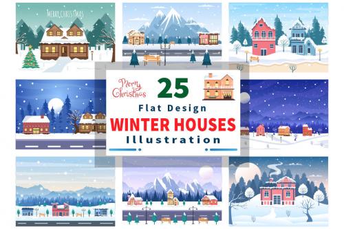 Deeezy - 25 Christmas Winter Houses Background Vector