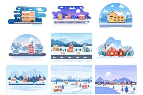 Deeezy - 25 Christmas Winter Houses Background Vector