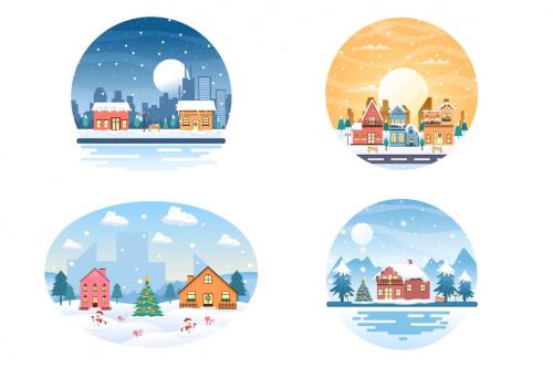 Deeezy - 25 Christmas Winter Houses Background Vector