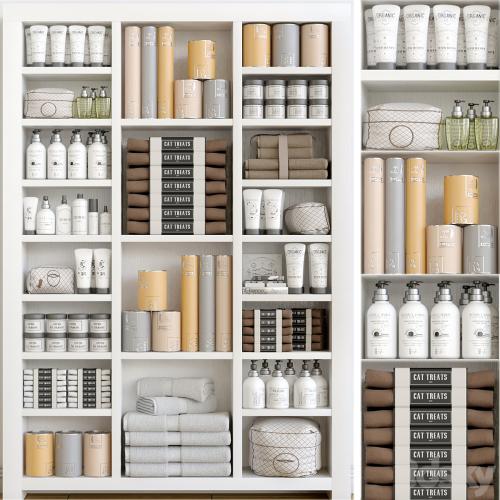 Cabinet with a collection of white cosmetics 3. Make Up and bathroom accessories