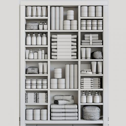 Cabinet with a collection of white cosmetics 3. Make Up and bathroom accessories