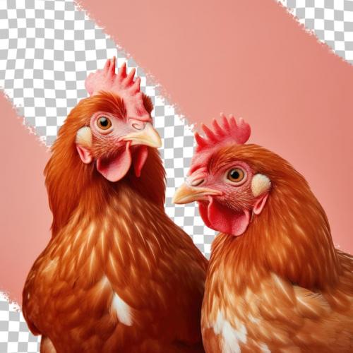 Two Chickens Are Looking At The Camera With A Pink Background.