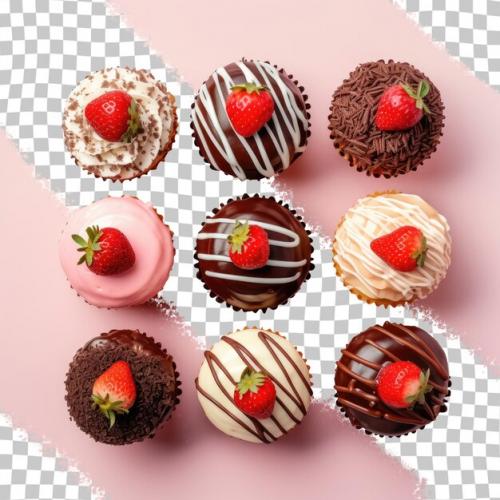 View From Above Of Six Homemade Bunt Cakes With Chocolate Strawberry And Red Velvet Variations Topped With Fresh Frosting And Drizzled With Chocolate And Vanilla Served With Strawberry Sauc