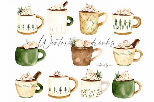 Watercolor Hot Winter Drinks clipart Christmas cup