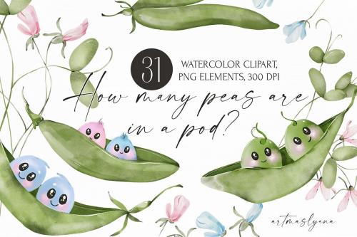 Watercolor Peas in a Pod, Twin Baby Shower clipart