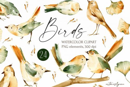 Watercolor Birds Clipart, Digital Autumn Images