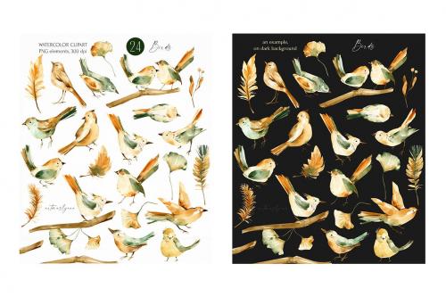 Watercolor Birds Clipart, Digital Autumn Images