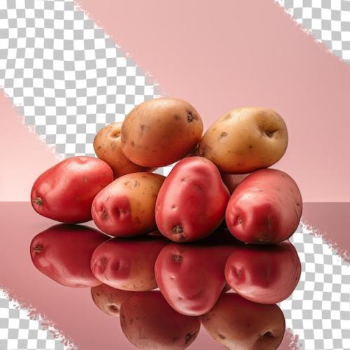 A Group Of Potatoes And A Red Apple Are On A Reflective Surface.