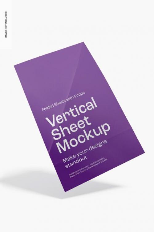 Vertical Sheet With Fold Marks Mockup, Floating