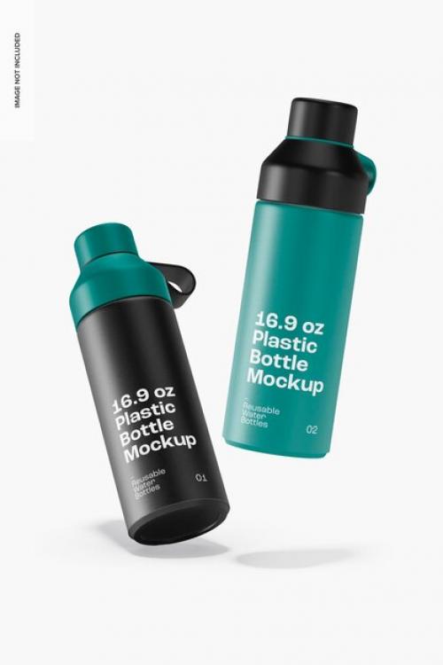 16.9 Oz Plastic Bottles Mockup, Falling