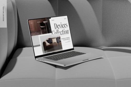 Macbook On Modern Furniture Mockup, Left View