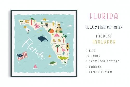 Florida state, USA, Illustrated Map & Cliparts