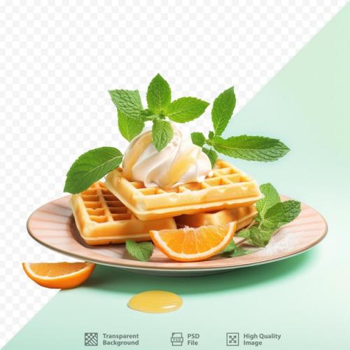 A Breakfast Of Waffles Accompanied By Ice Cream Fresh Orange Slices And Mint Leaves