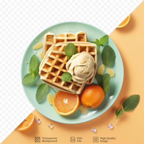 A Breakfast Of Waffles Accompanied By Ice Cream Fresh Orange Slices And Mint Leaves