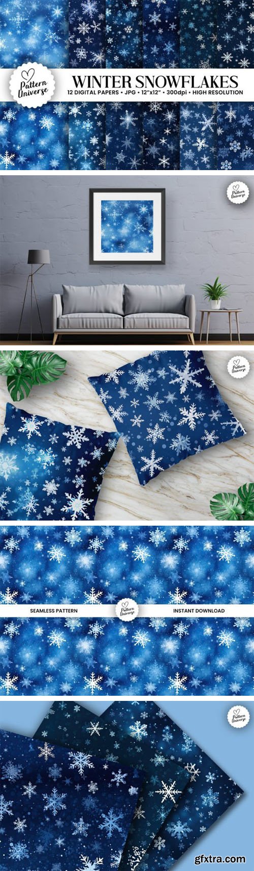 12 Blue Winter Snowflakes Seamless Patterns