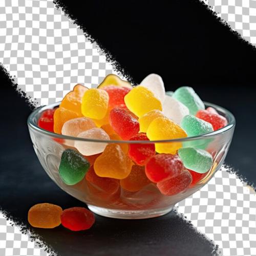 Close Up Top View Of Candied Fruit In A White Glass Bowl Isolated On A Dark Transparent Background
