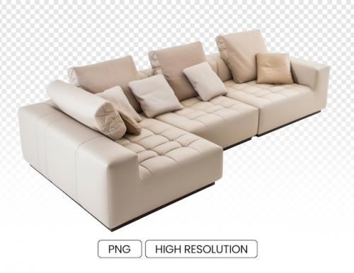Comfortable Beige Leather Sectional Sofa With Oversized Pillows Isolated On Transparent Background
