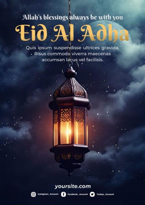 Happy Eid Alfitr Poster With A Background Of Lanterns Moon And Clouds