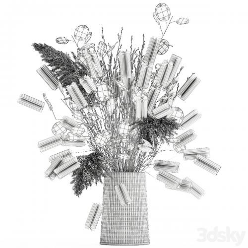 A beautiful bouquet of dried flowers in a vase with dry branches of pampas, reeds, lunnik. 127.