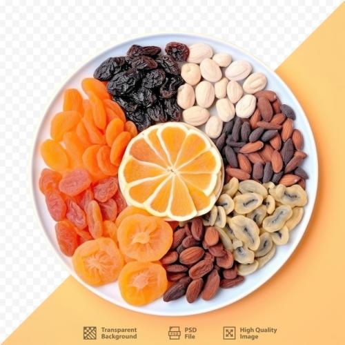 A Plate Of Different Kinds Of Nuts And Oranges.