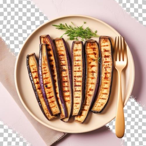 Healthy Food Concept Grilled Eggplants On Plate With Fork Top View