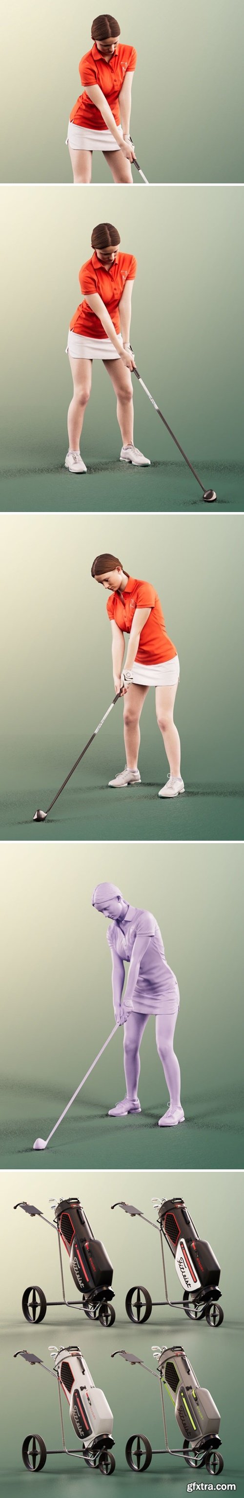 Faye 11813 - Young Golfer Girl Playing Golf With Caddy Cart 3D model