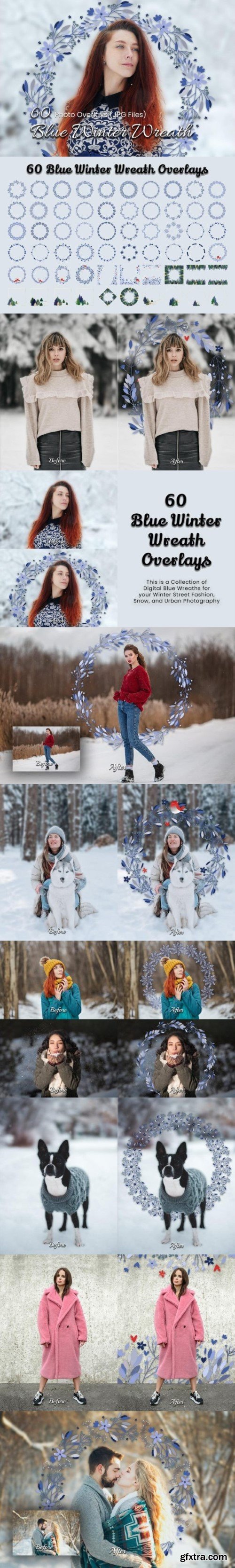 60 Blue Winter Wreath Photoshop Overlays