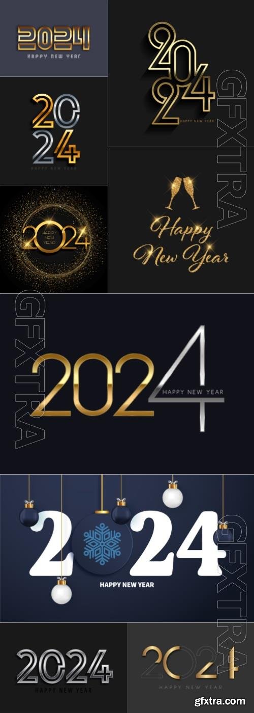 Happy New Year 2024 vector background with glittery gold design numbers