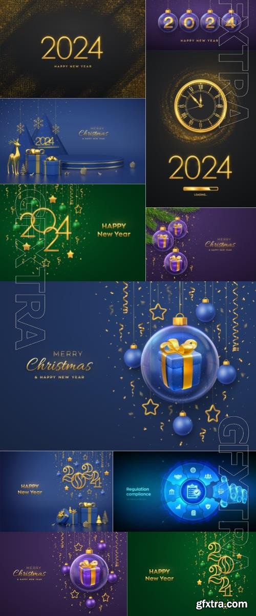 Vector happy new 2024 year golden metallic numbers 2024 with snowflake and confetti