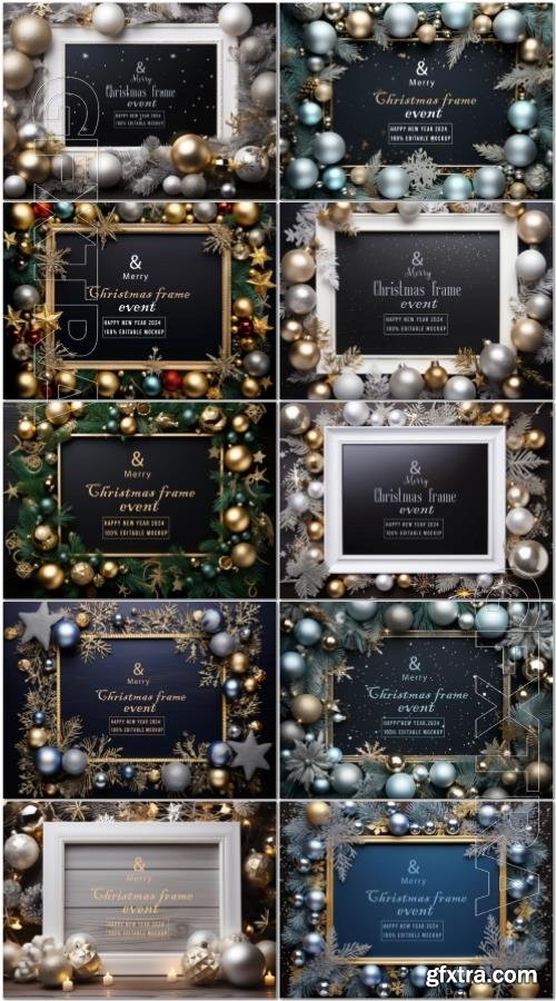 10 PSD merry christmas greeting in a frame background mockup