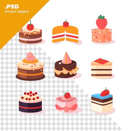 Set Of Different Sweet Cakes. Vector Illustration In A Flat Style. Psd Template