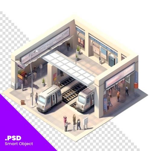 3d Isometric Metro Station; Subway Station; Train Station And People Psd Template