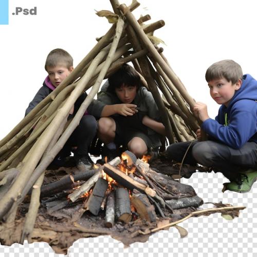 Group Of Children Sitting Around A Campfire On A White Background. Psd Template