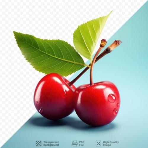 Isolated Green Leaf With Red Cherries On Transparent Background