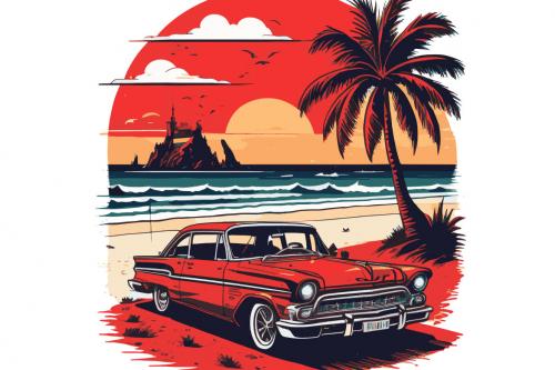 Deeezy - Vintage red car on the beach with palm trees