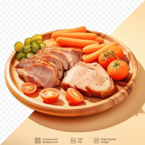 Isolated Wooden Plate With Cooked Pork And Vegetables