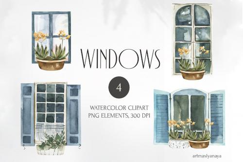 Watercolor Windows clipart. Vintage collection.