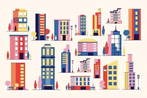 Cream Flat Design City Building Illustration