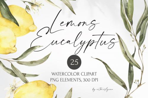 Watercolor Lemons and Eucalyptus clipart