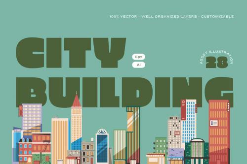 Green Flat City Building Asset Illustration