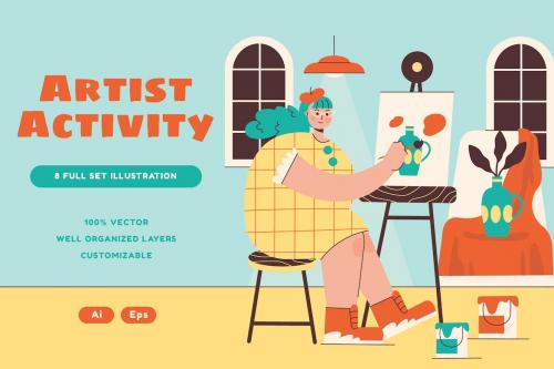 Blue Flat Artist Activity Full Set Illustration