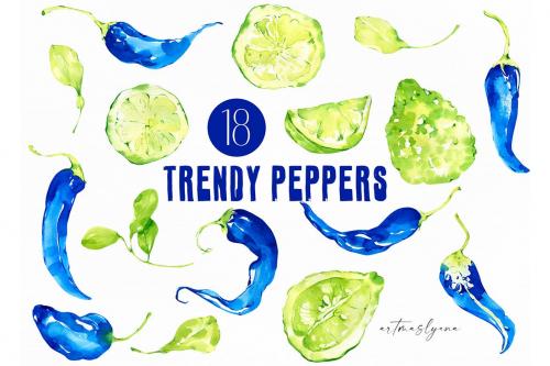 Watercolor Clipart: Peppers and Lime, brave colors