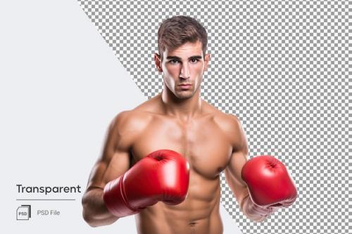 Young Boxer Man With Red Boxing Gloves With Fitness And Strong Muscle Is Ready For Fighting