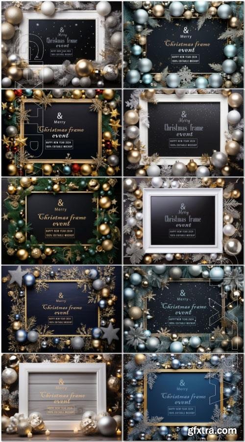 10 PSD merry christmas greeting in a frame background mockup