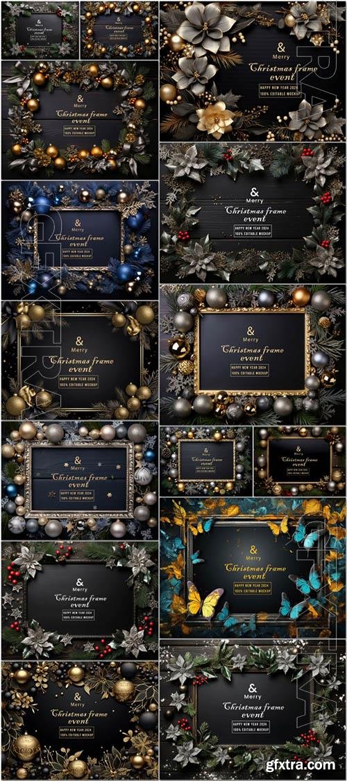 15 Merry christmas greeting background in a frame mockup psd