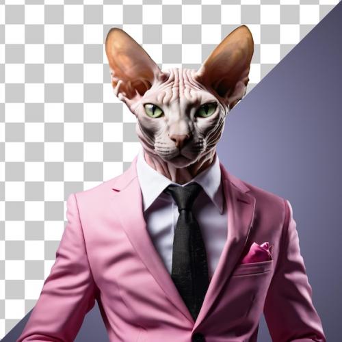 Portrait Of Humanoid Anthropomorphic Sphynx Cat Wearing Pink Business Suit Isolated Transparent