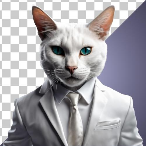 Portrait Of Humanoid Anthropomorphic White Cat Wearing White Business Suit Isolated Transparent