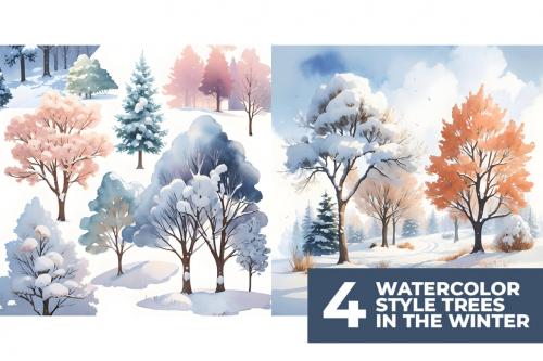 Deeezy - 4 Watercolor Trees in Winter Stock Images